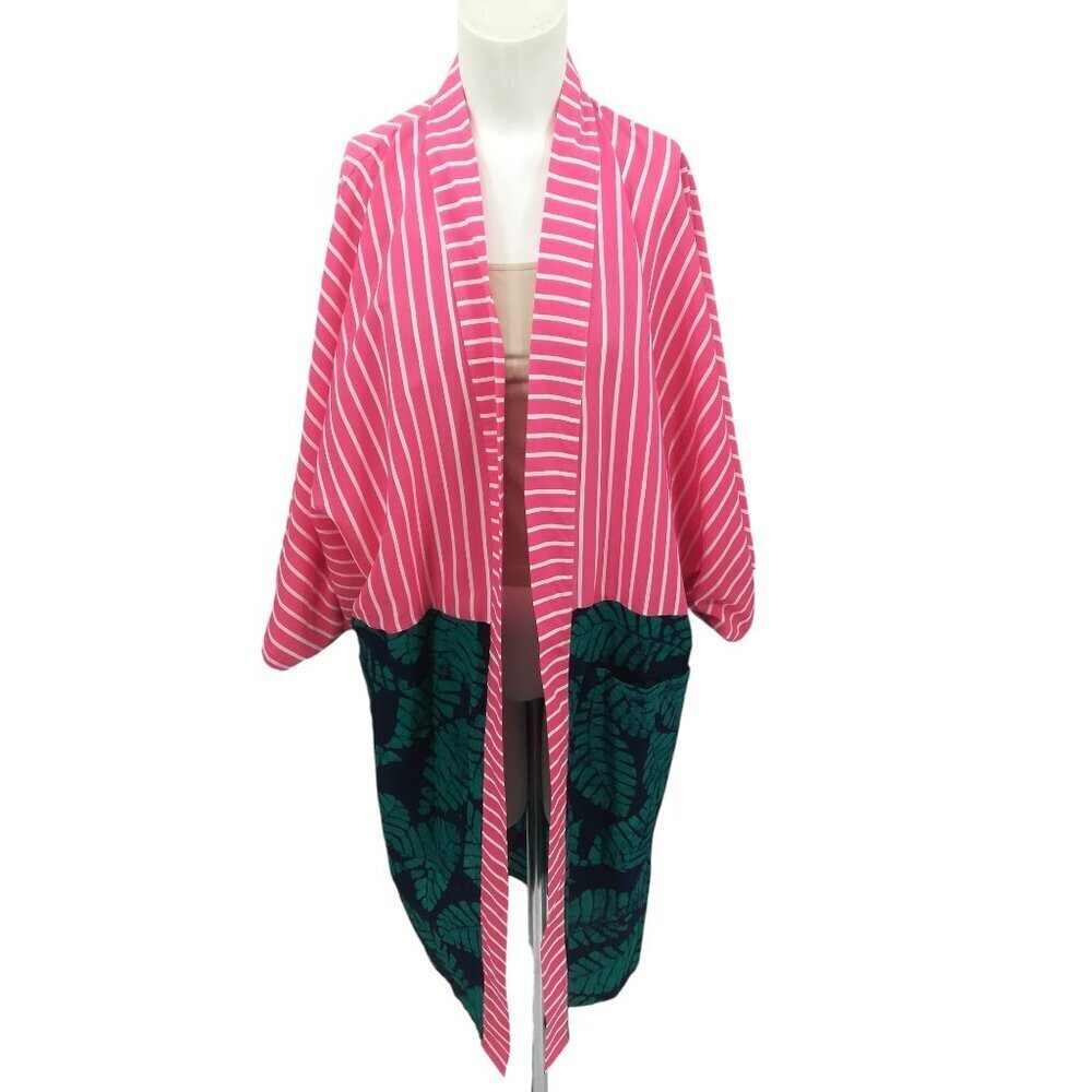 Studio 189 Short Sleeve Kimono Size M Pink Silk Cotton Open Front Striped Batik